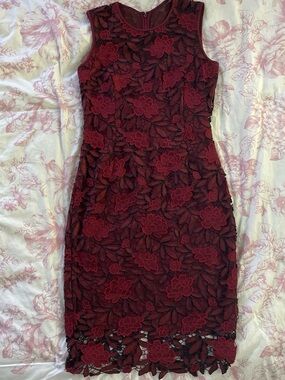 White House Black Market Burgundy Floral Lace Midi Dress